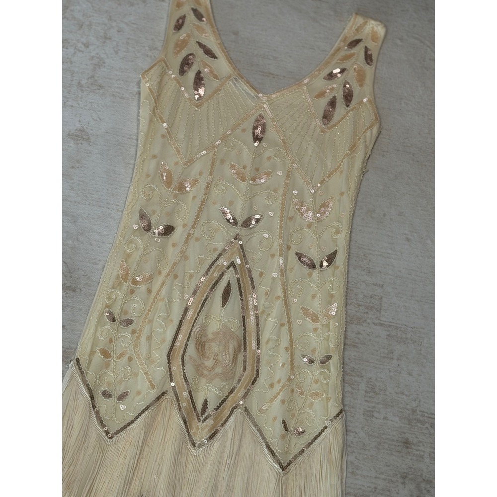 Champagne Sequin Beaded Flapper Dress Great Gatsby 1920s Fringe Cocktail Dress - Picture 8 of 15